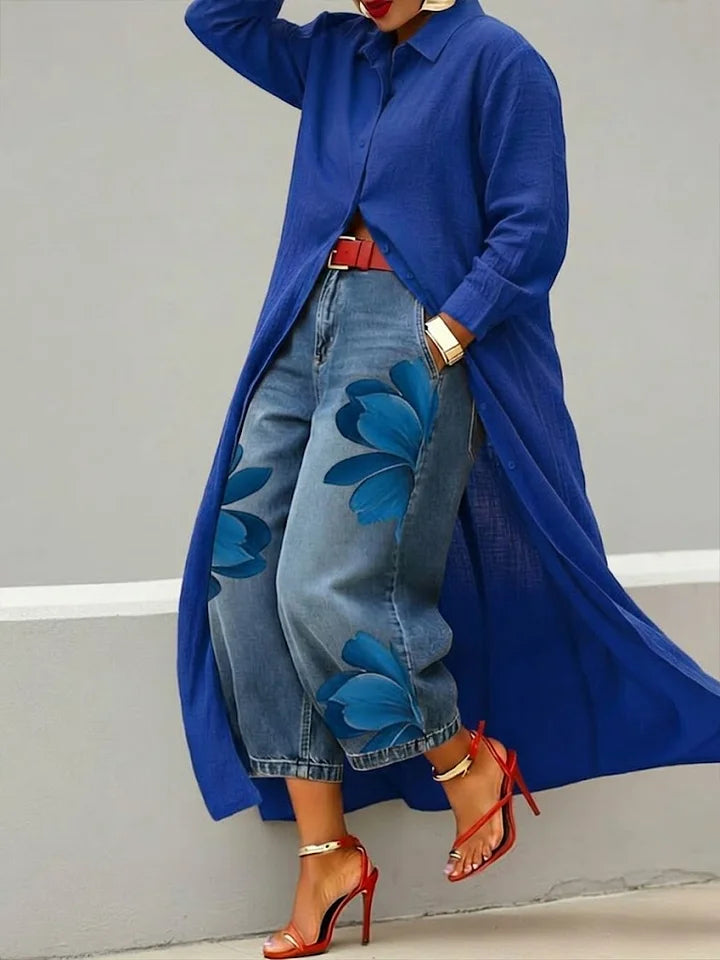 Longline Shirt & Floral Wide-Leg Jeans Set