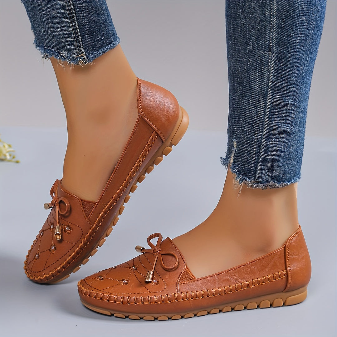 Ladies Casual Flat Penny-Loafer | All-Season, Synthetic faux leather with Bow Embellishment, Flannel Inner, TPR Sole, Non-Woven Insole