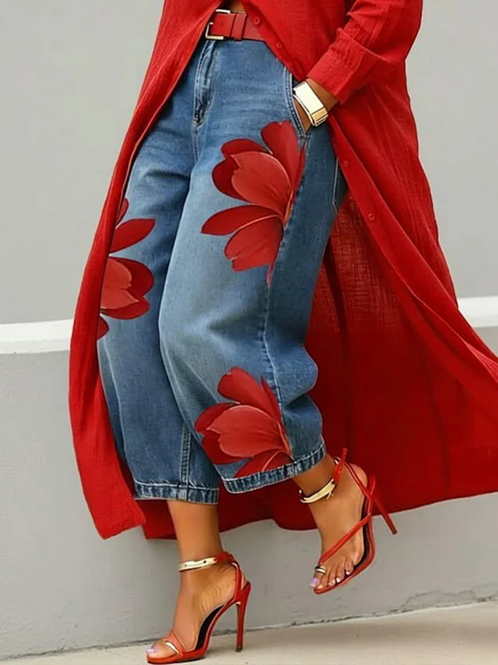 Longline Shirt & Floral Wide-Leg Jeans Set