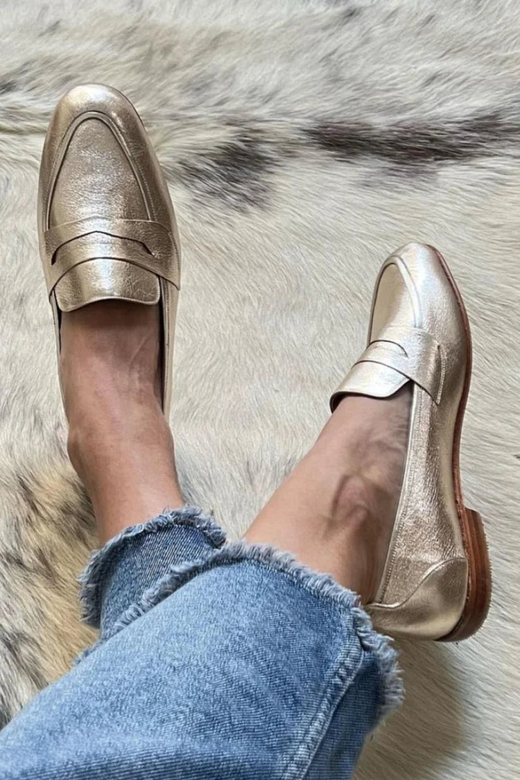 Champagne Metallic Round-Toe Loafers