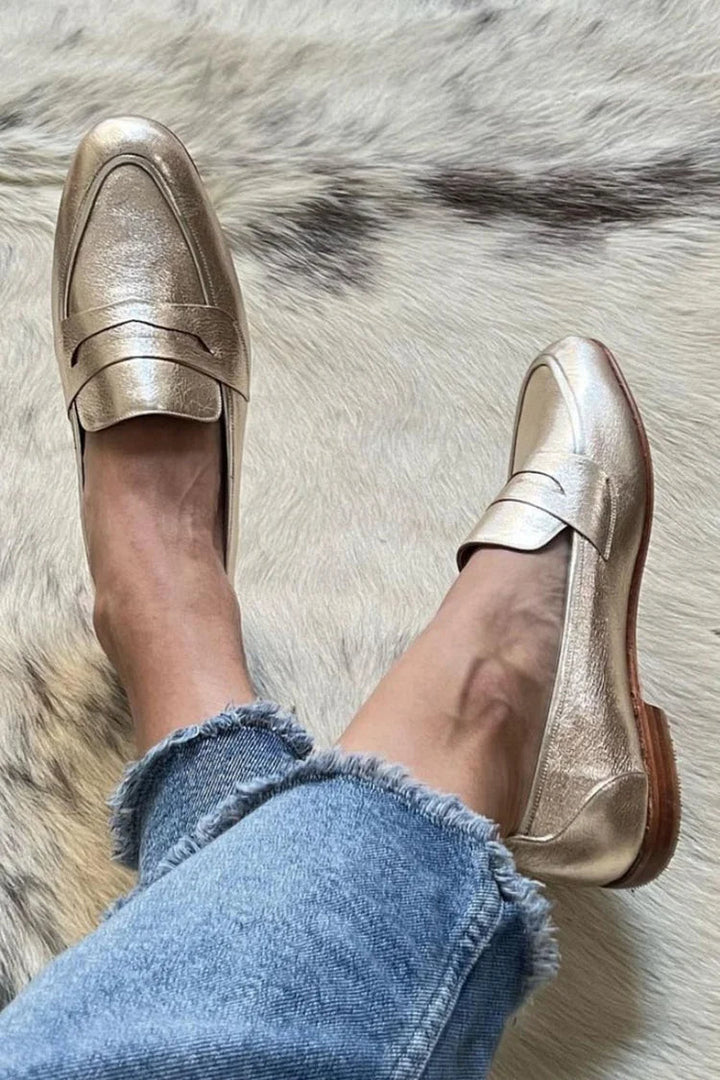 Champagne Metallic Round-Toe Loafers