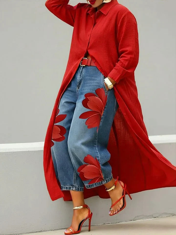 Longline Shirt & Floral Wide-Leg Jeans Set