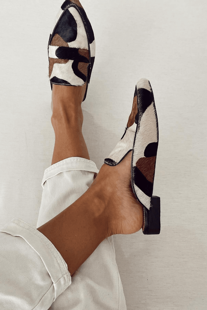 Cow Print Leather Pointed-Toe Loafers