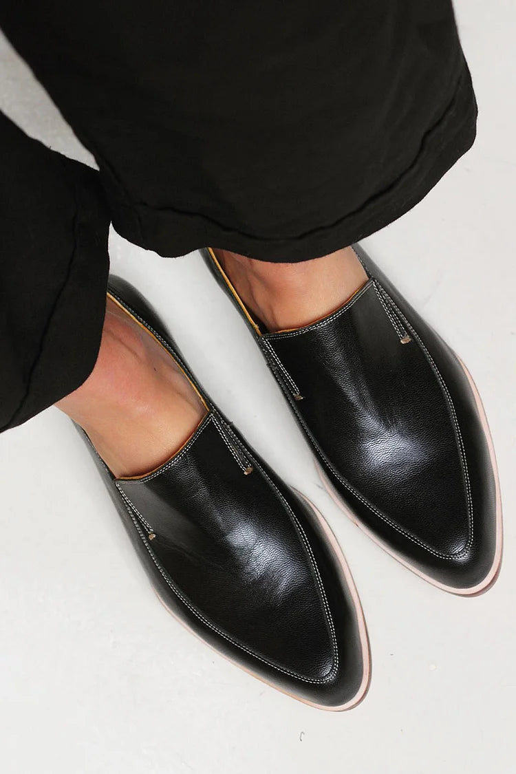 Black Patchwork Structured Toe Loafers