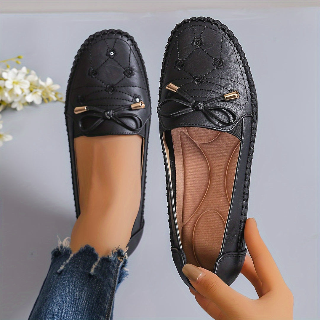 Ladies Casual Flat Penny-Loafer | All-Season, Synthetic faux leather with Bow Embellishment, Flannel Inner, TPR Sole, Non-Woven Insole