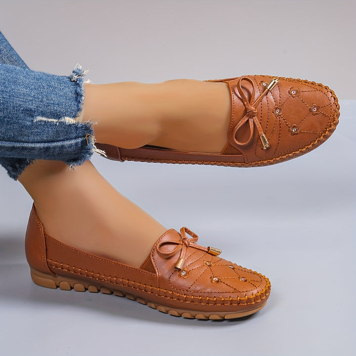 Ladies Casual Flat Penny-Loafer | All-Season, Synthetic faux leather with Bow Embellishment, Flannel Inner, TPR Sole, Non-Woven Insole
