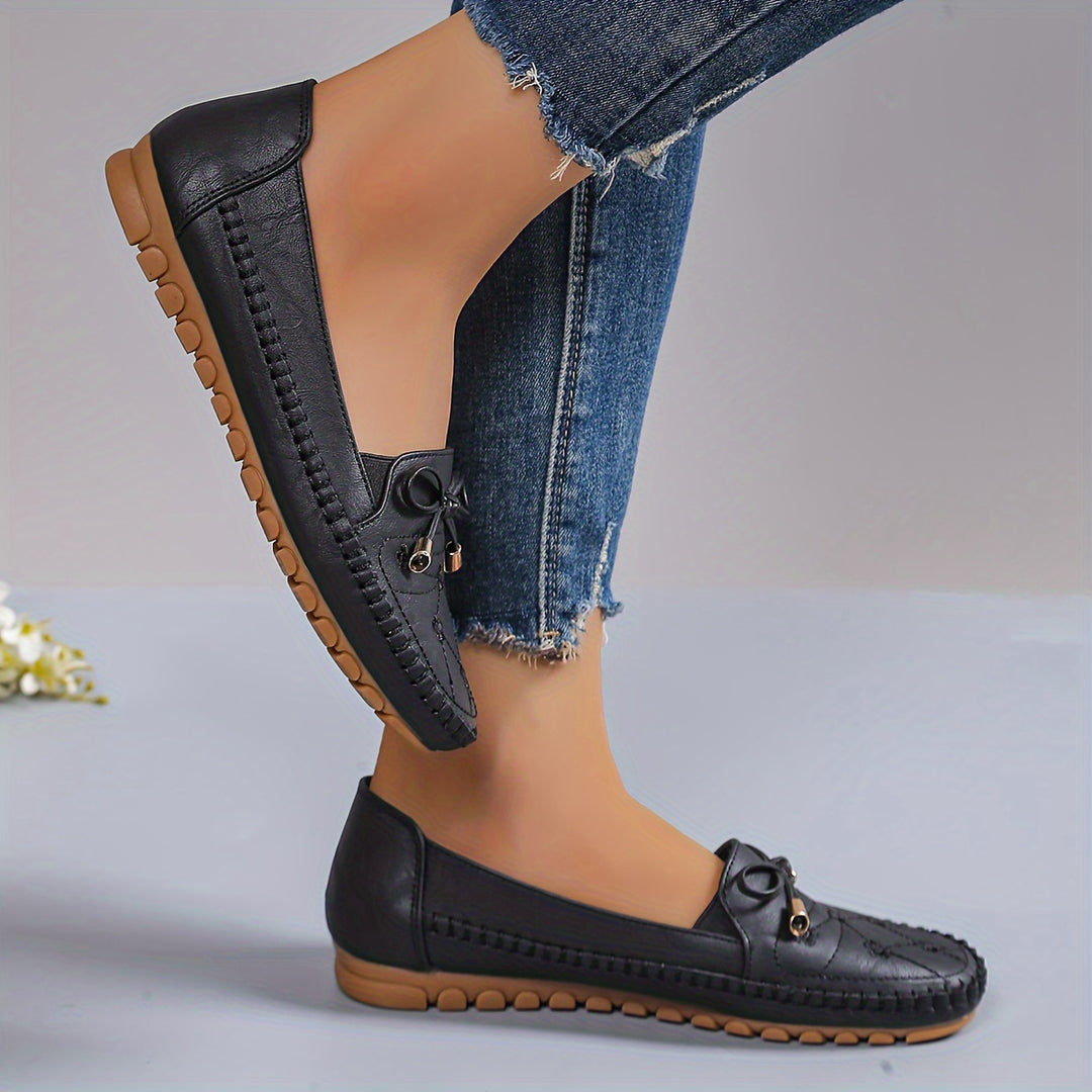 Ladies Casual Flat Penny-Loafer | All-Season, Synthetic faux leather with Bow Embellishment, Flannel Inner, TPR Sole, Non-Woven Insole