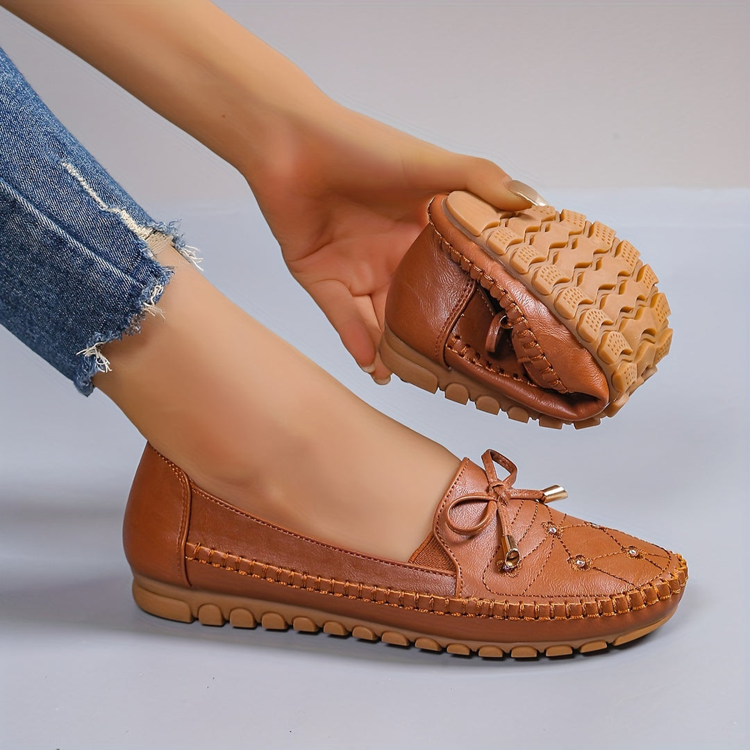 Ladies Casual Flat Penny-Loafer | All-Season, Synthetic faux leather with Bow Embellishment, Flannel Inner, TPR Sole, Non-Woven Insole