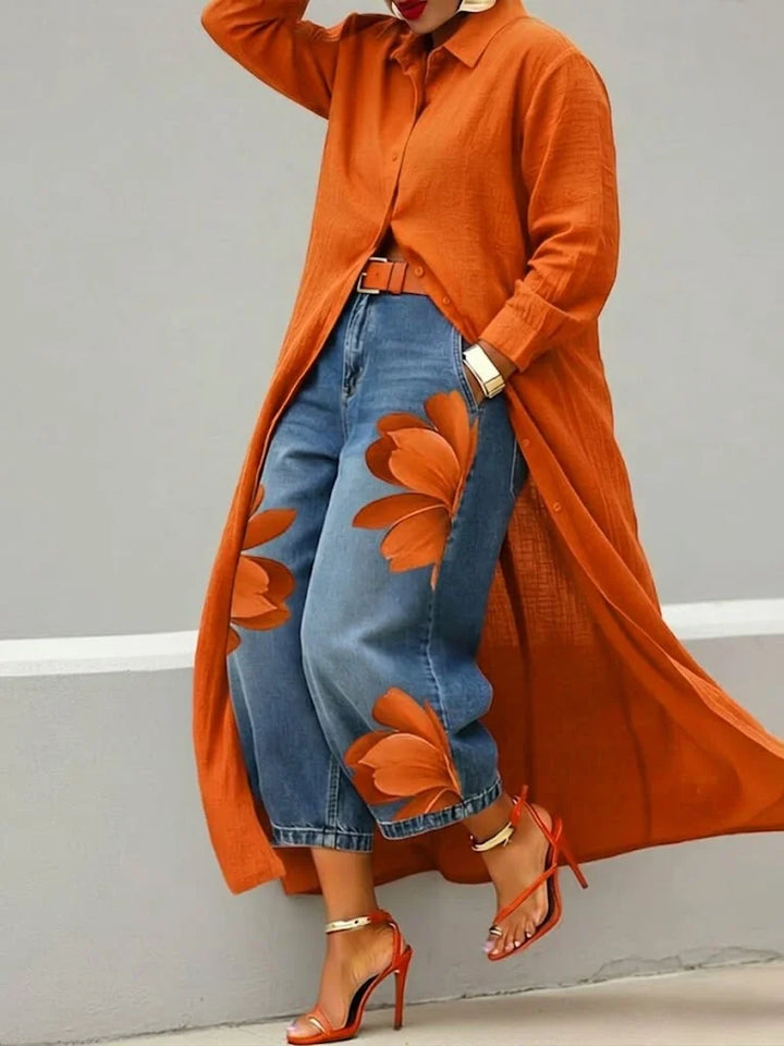 Longline Shirt & Floral Wide-Leg Jeans Set