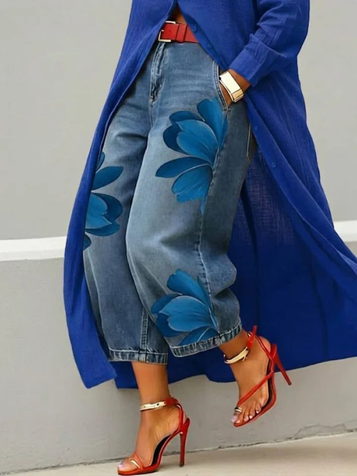 Longline Shirt & Floral Wide-Leg Jeans Set