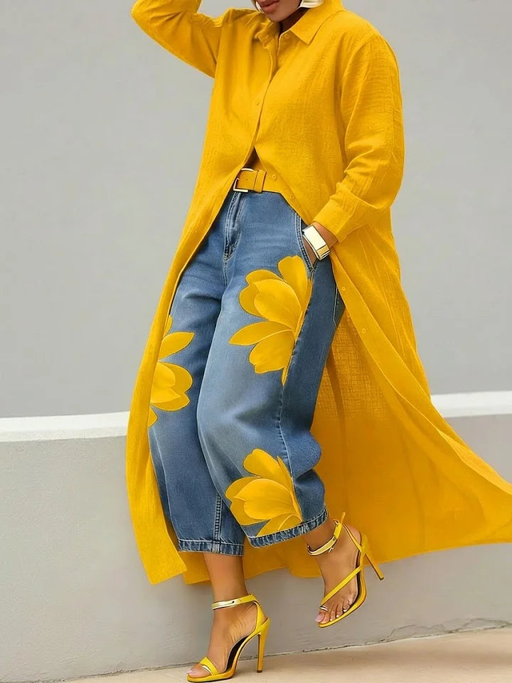 Longline Shirt & Floral Wide-Leg Jeans Set
