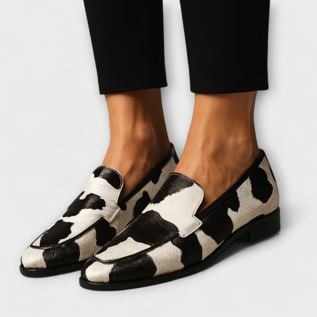 Black and White Cow Print Round-Toe Loafers