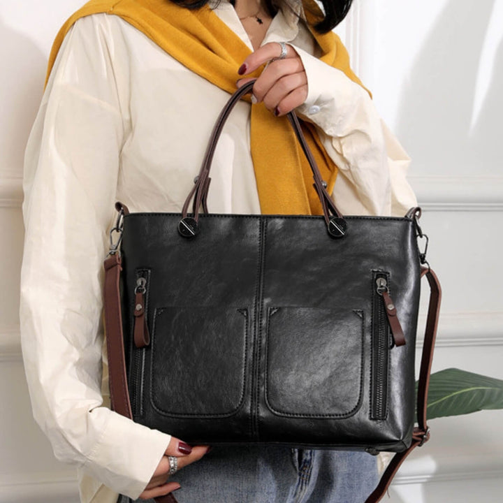 Twin-Pocket Leather Tote Bag
