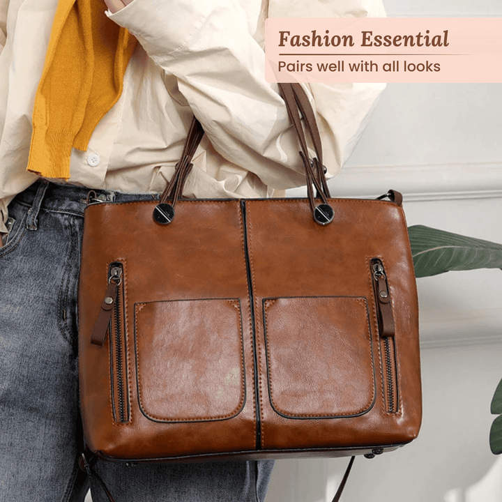 Twin-Pocket Leather Tote Bag