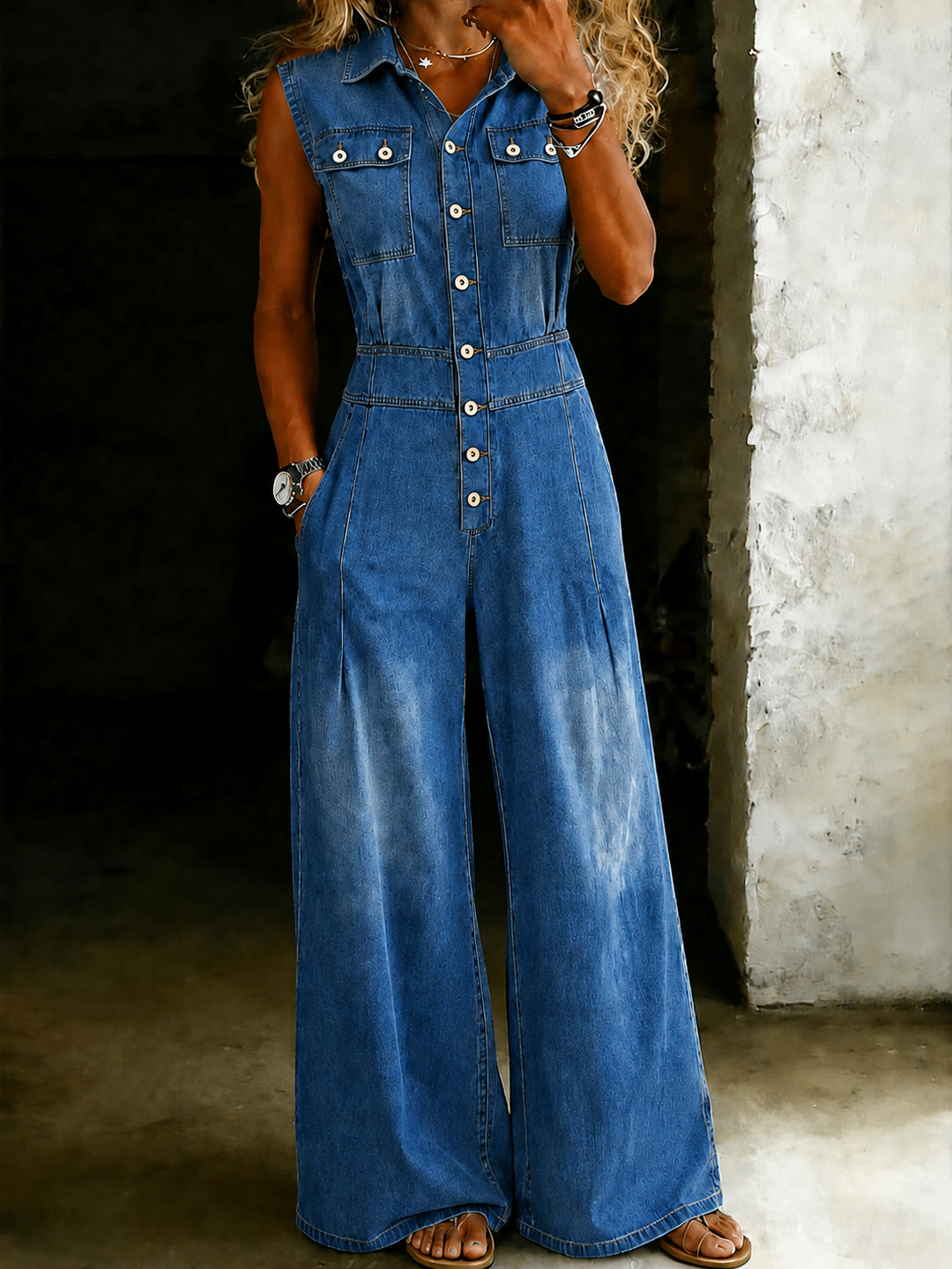 Cinched Waist Wide Leg Denim Jumpsuit