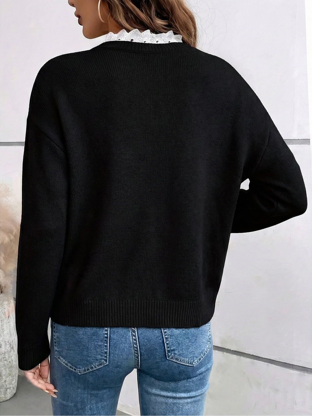 Lace-Trim V-Neck Jumper