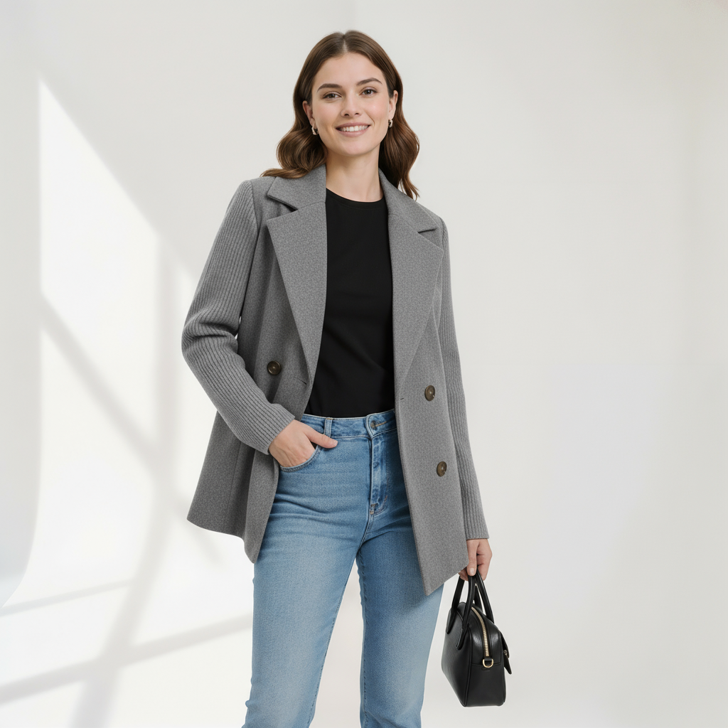 Cashmere Blend Coat with Knit Sleeves