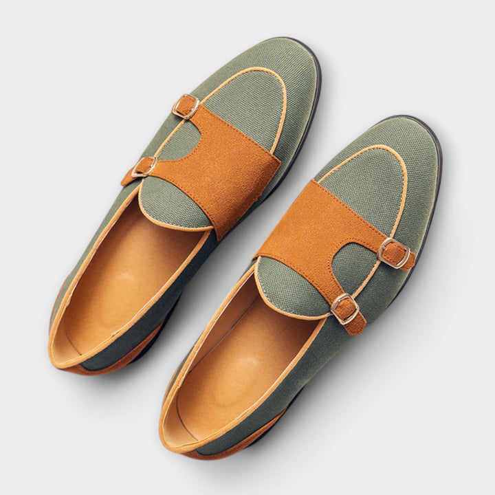 Vegan Suede Round-Toe Loafers With Gold Buckle