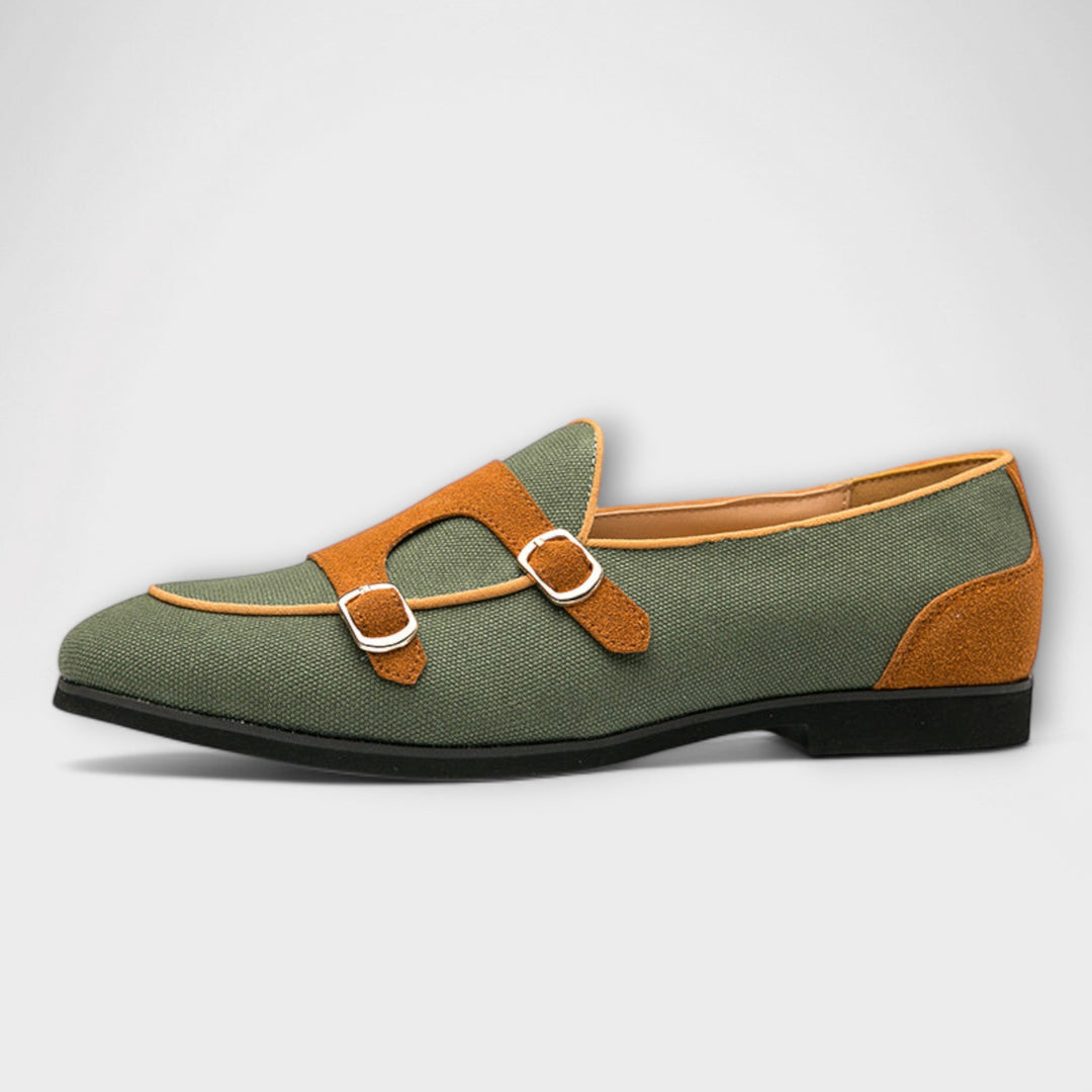 Vegan Suede Round-Toe Loafers With Gold Buckle