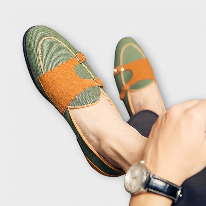 Vegan Suede Round-Toe Loafers With Gold Buckle