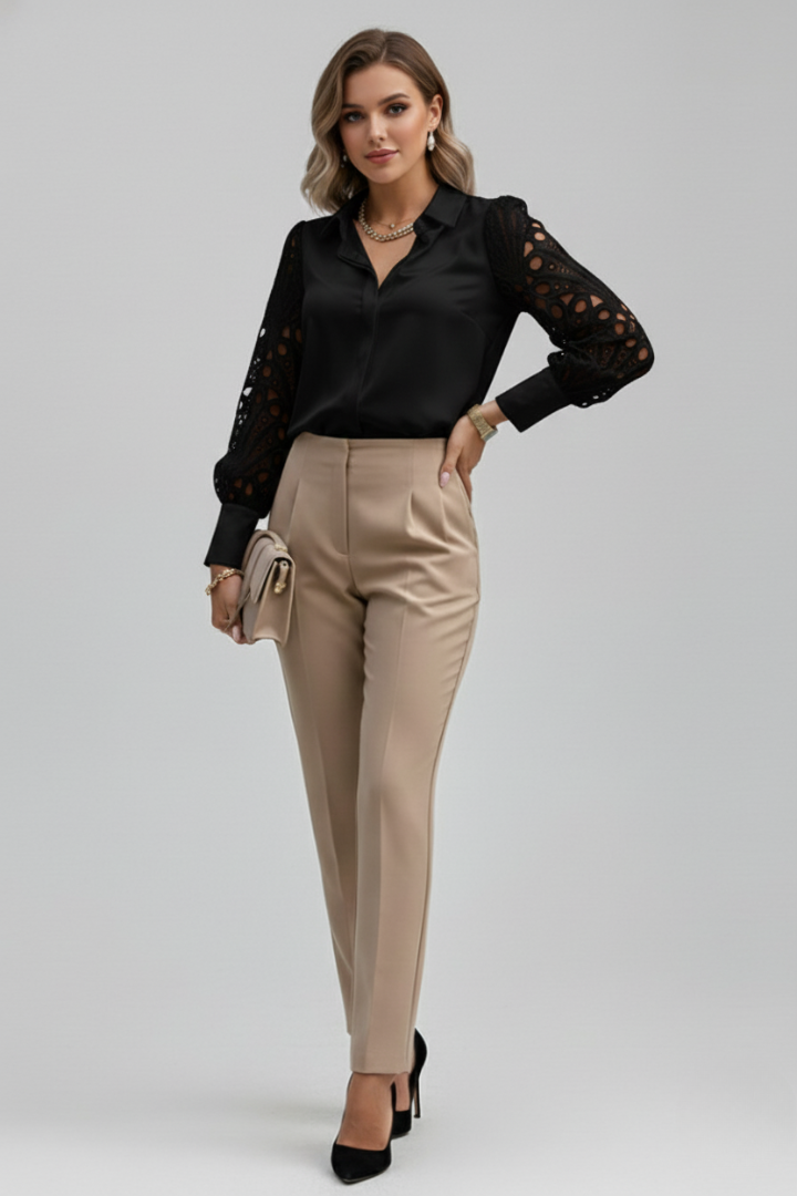 Women’s Blouse with Lace Sleeves and Button Cuffs
