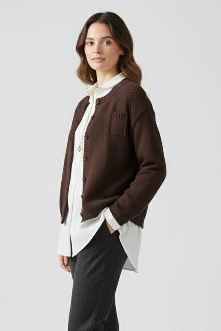 Women’s Knitted Cardigan with Round Neck and Button Front