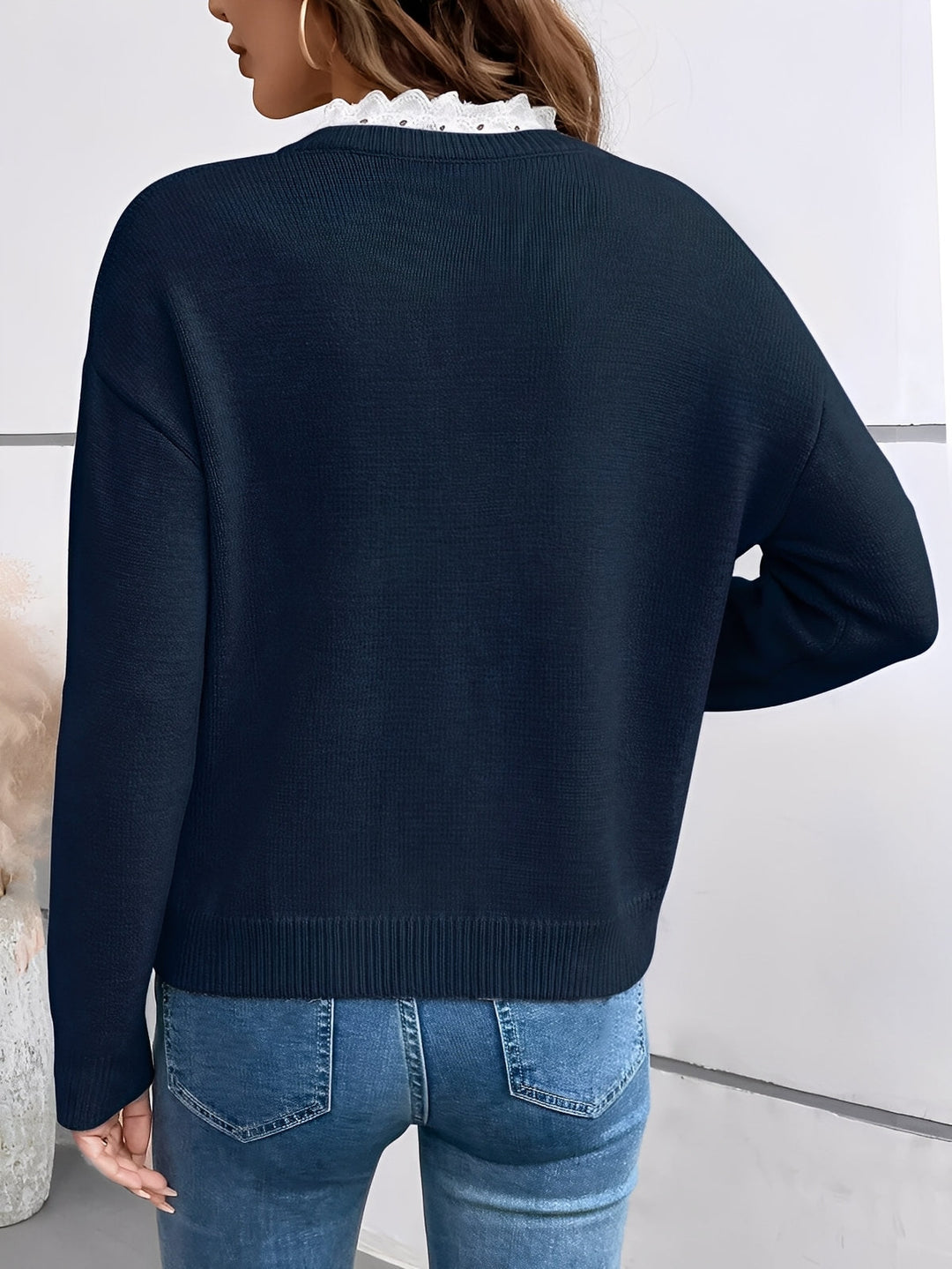 Lace-Trim V-Neck Jumper