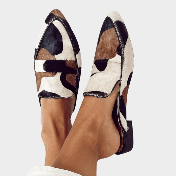 Cow Print Leather Pointed-Toe Loafers