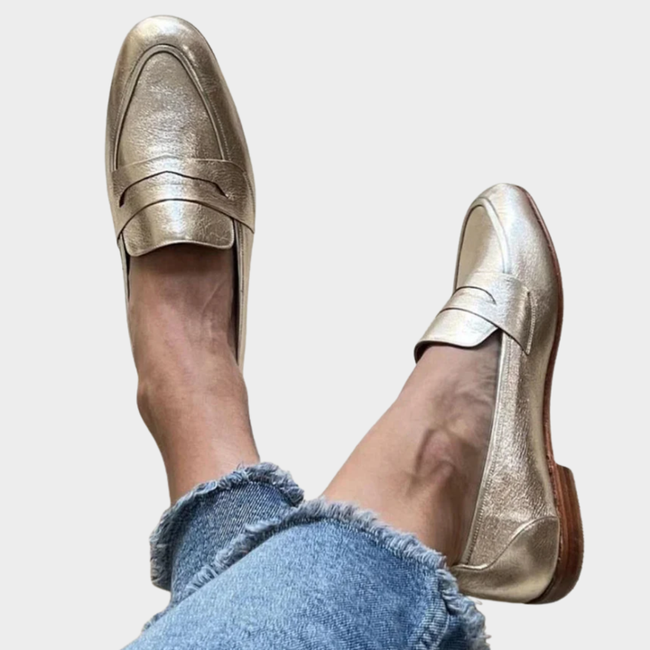 Champagne Metallic Round-Toe Loafers