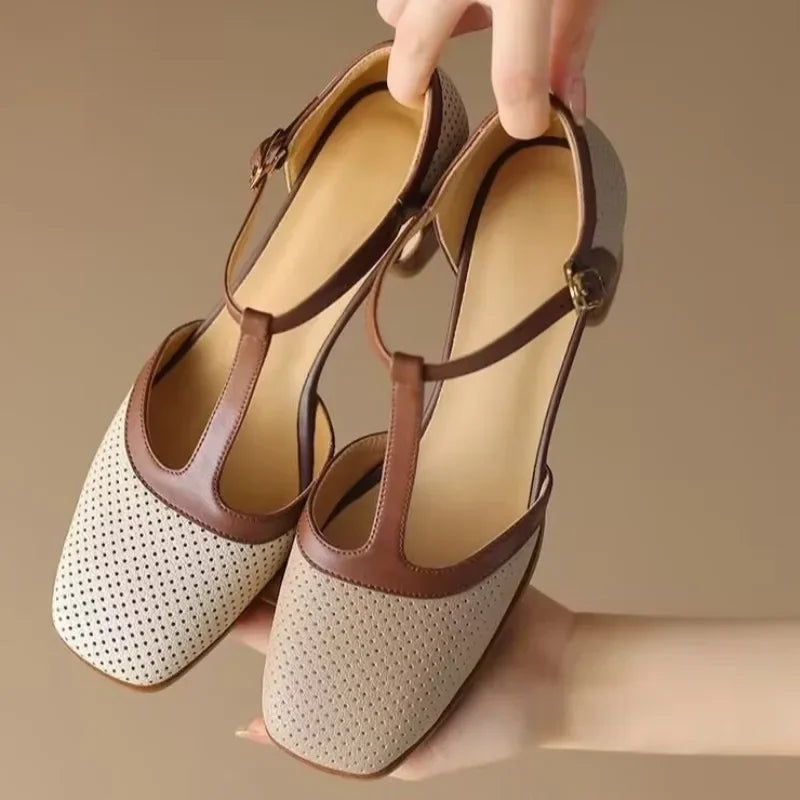 Mid-Heel Leather Court Shoes