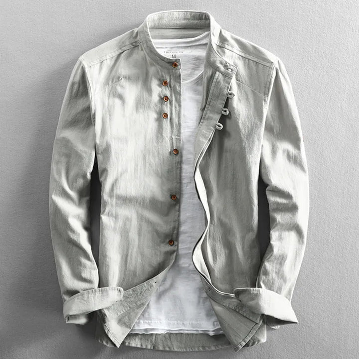 Cotton-Linen Band-Collar Shirt
