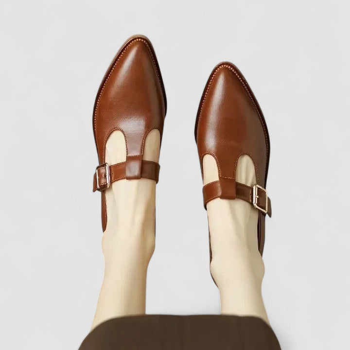 Leather Pointed-Toe Buckle Flats
