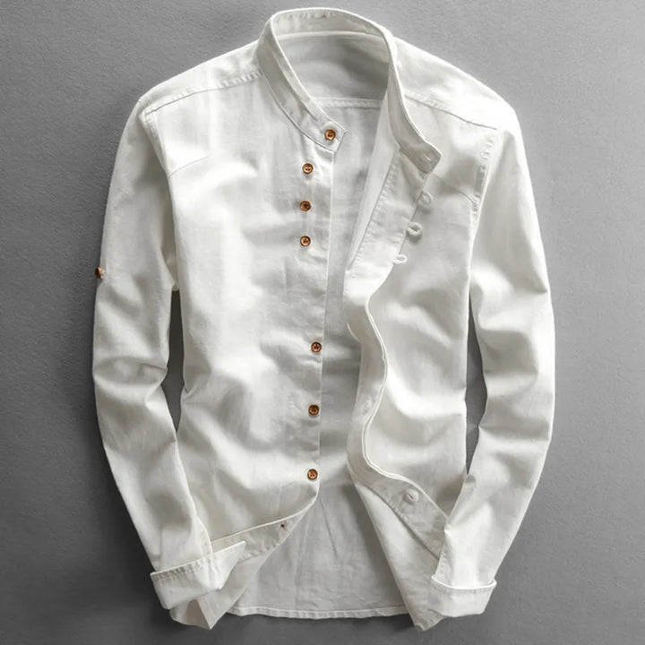 Cotton-Linen Band-Collar Shirt