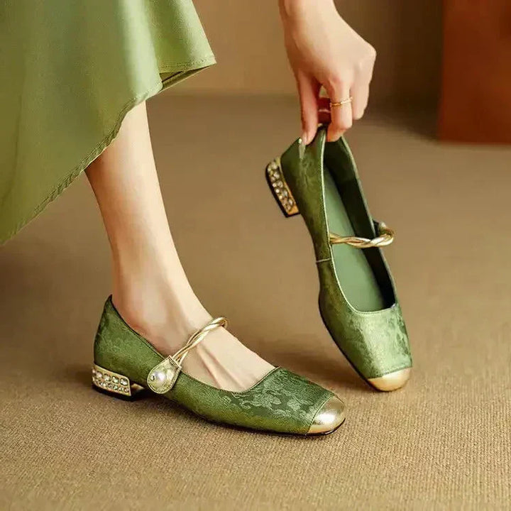 Pearl-Embellished Metallic Toe Mary Jane Flats