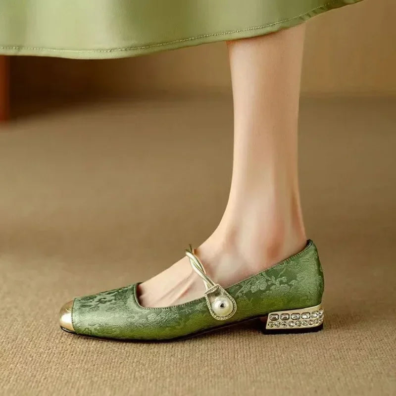 Pearl-Embellished Metallic Toe Mary Jane Flats