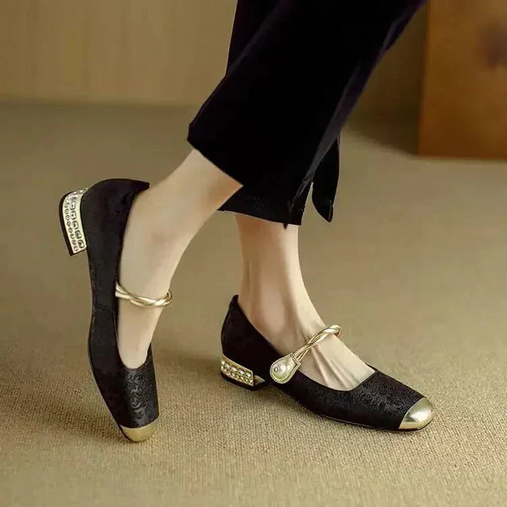Pearl-Embellished Metallic Toe Mary Jane Flats