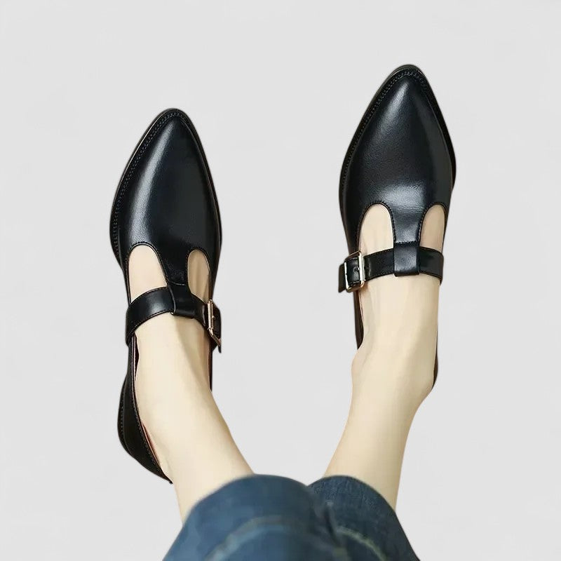 Leather Pointed-Toe Buckle Flats