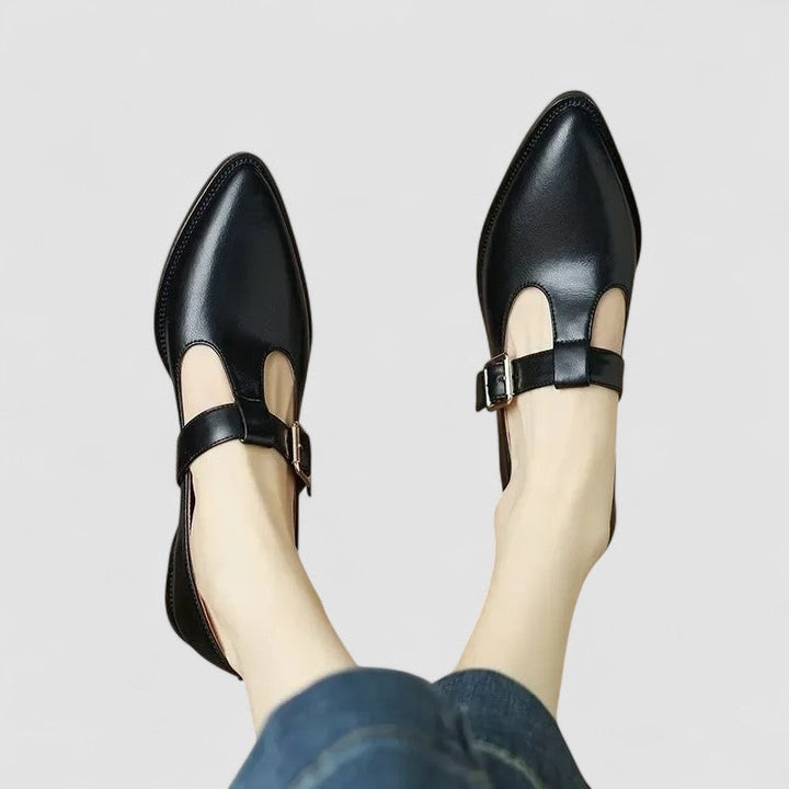 Leather Pointed-Toe Buckle Flats