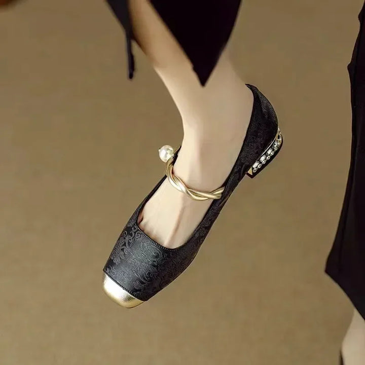 Pearl-Embellished Metallic Toe Mary Jane Flats