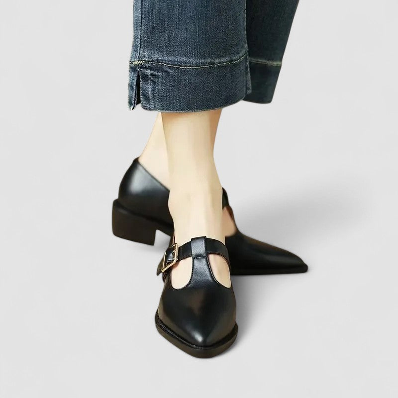 Leather Pointed-Toe Buckle Flats