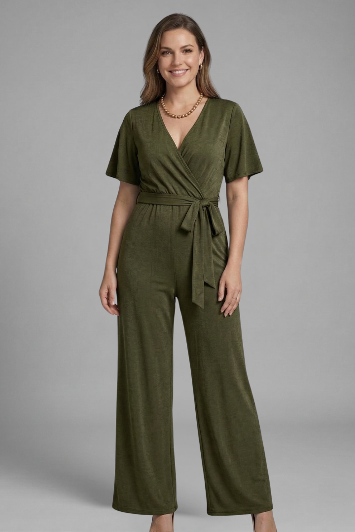 Women Jumpsuit with Wrap Front and Tie Waist