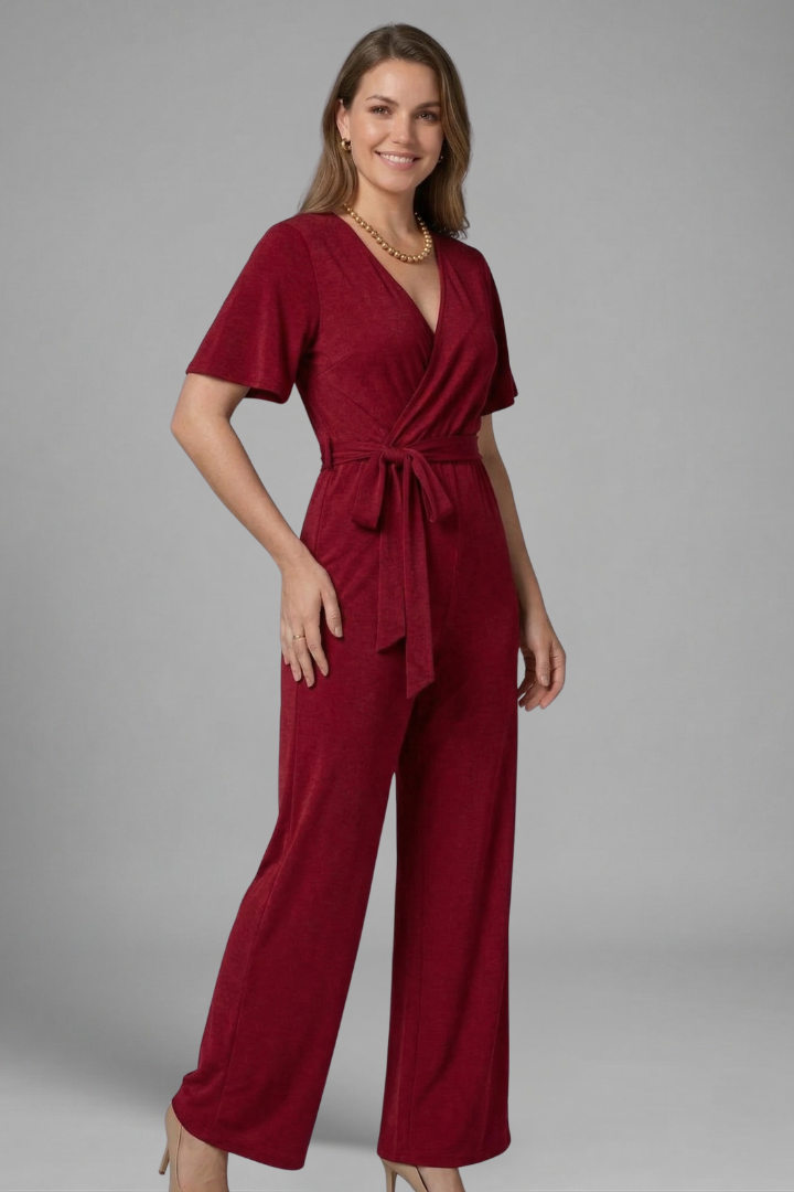 Women Jumpsuit with Wrap Front and Tie Waist