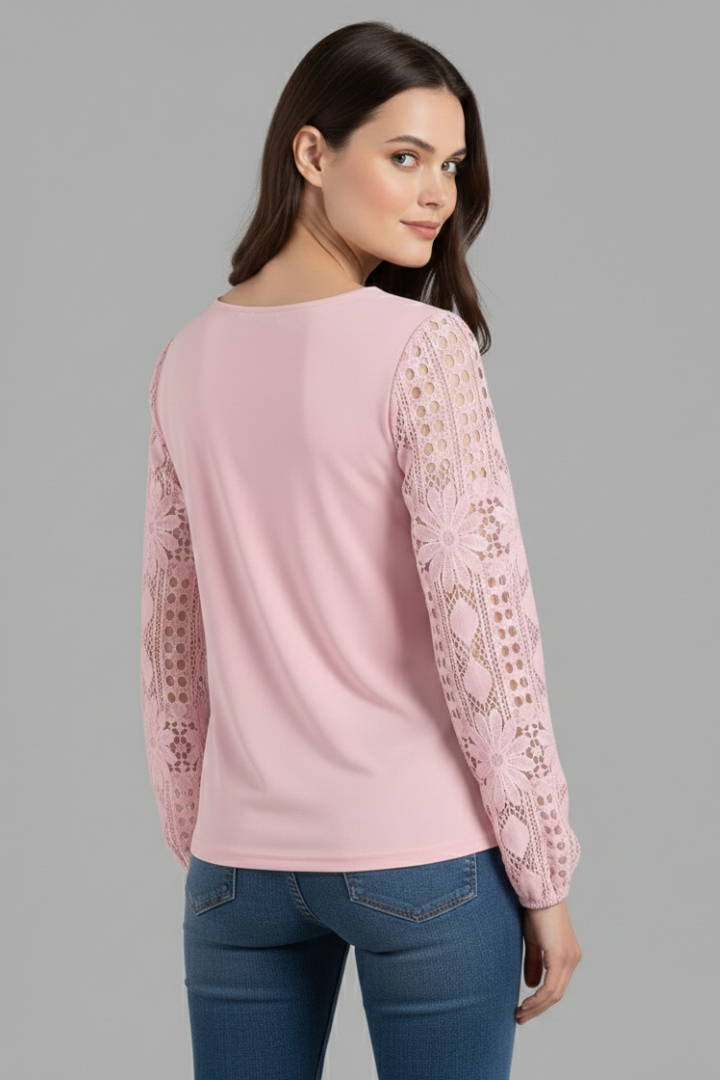 Women’s Blouse with Round Neck and Lace Sleeves