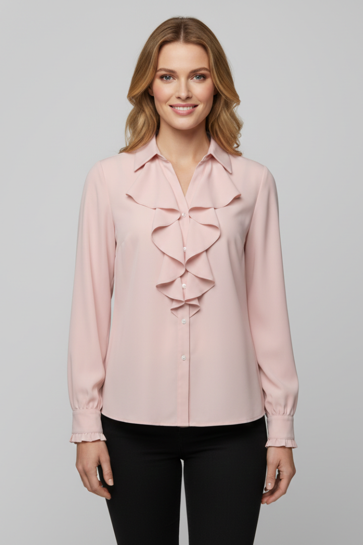 Women’s Blouse with Ruffle Front and Long Sleeves