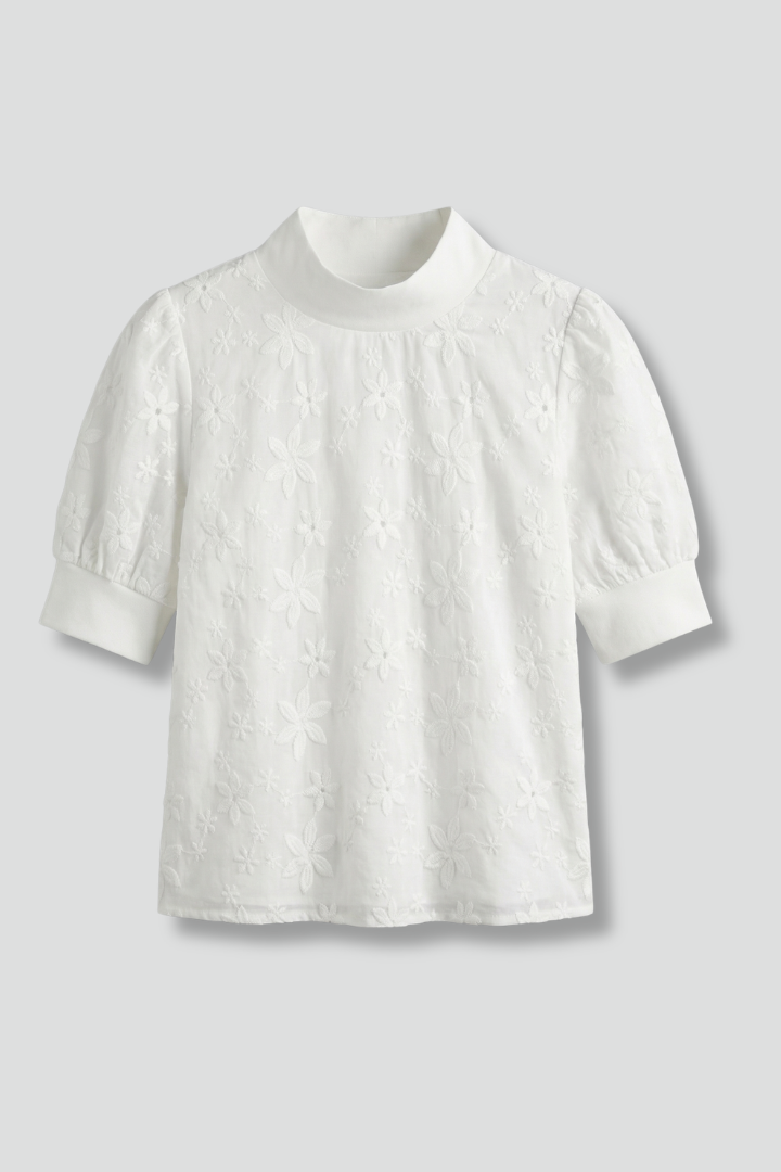 Women’s Blouse with Stand Collar and Short Sleeves
