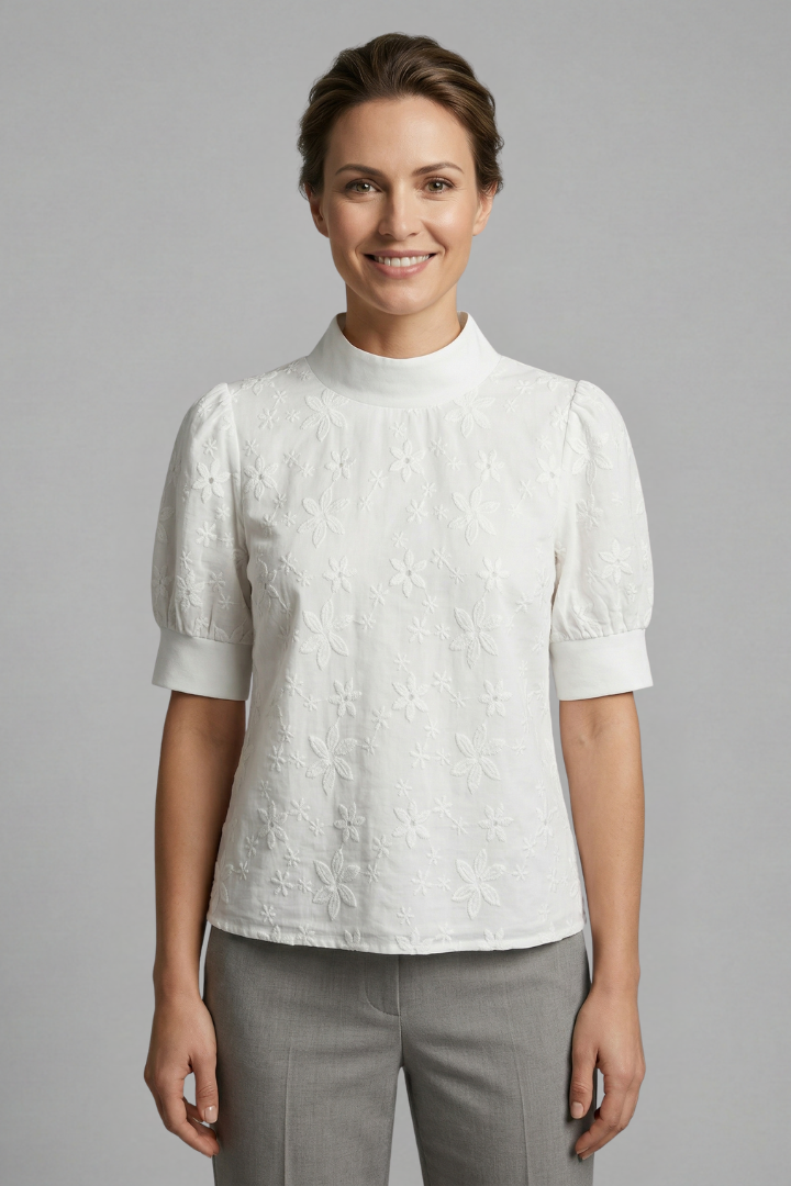 Women’s Blouse with Stand Collar and Short Sleeves