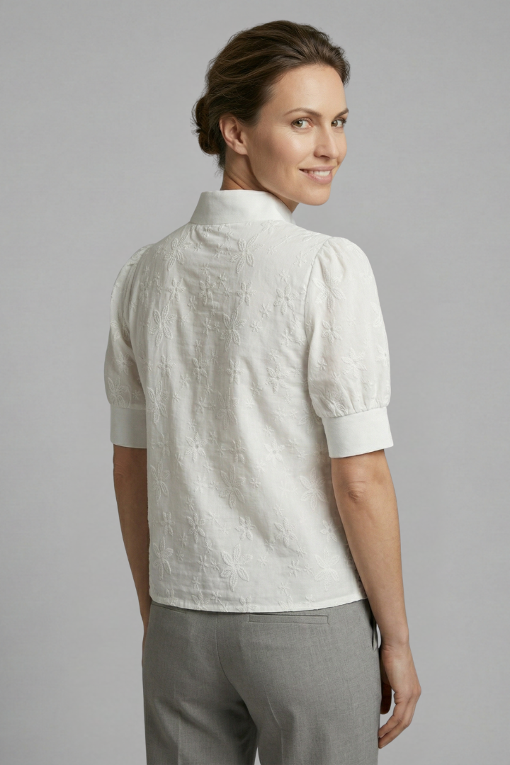 Women’s Blouse with Stand Collar and Short Sleeves