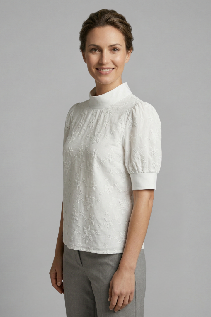 Women’s Blouse with Stand Collar and Short Sleeves