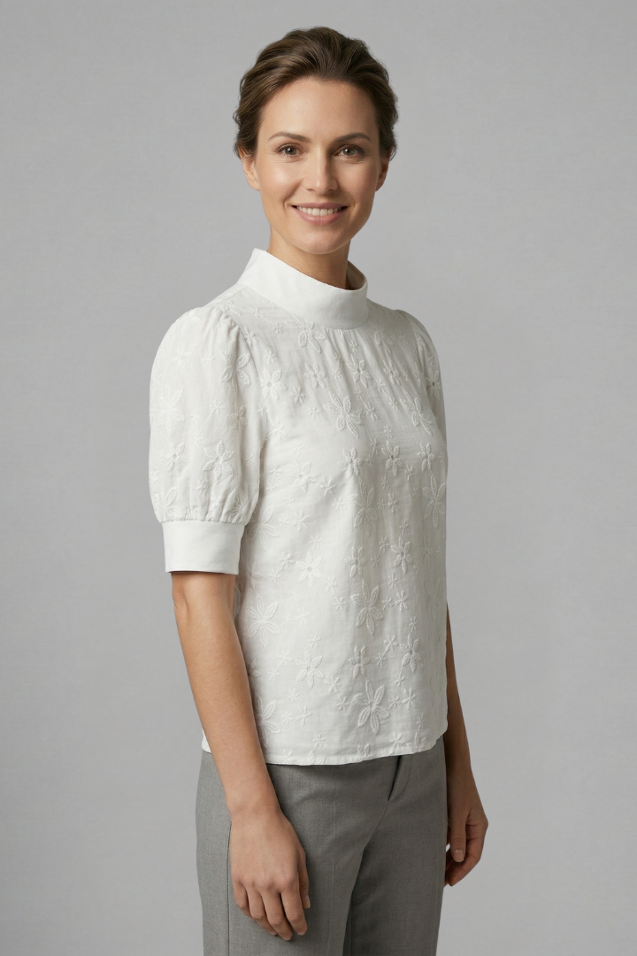 Women’s Blouse with Stand Collar and Short Sleeves