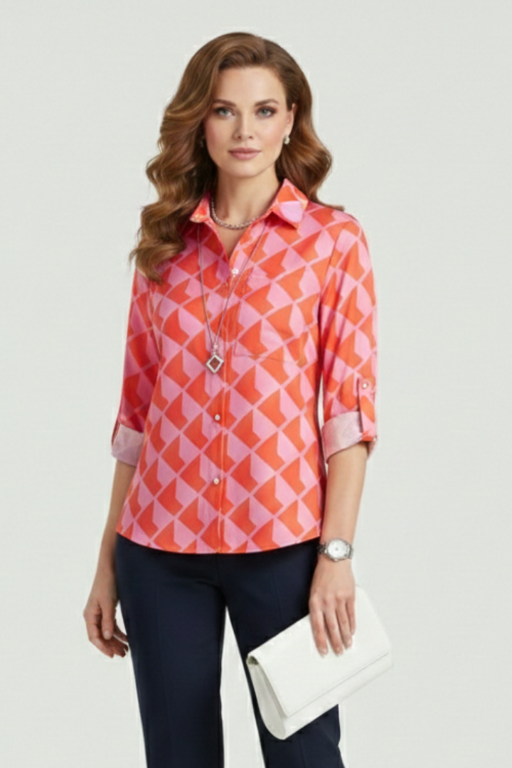 Women’s Blouse with Turn-Down Collar and Roll-Up Sleeves